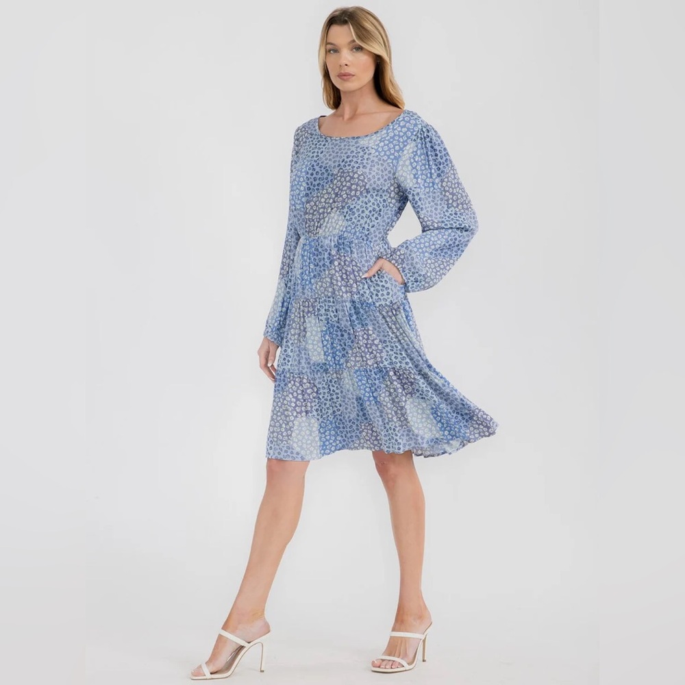 Blue Floral Tie-Back Tiered Long-Sleeve Dress